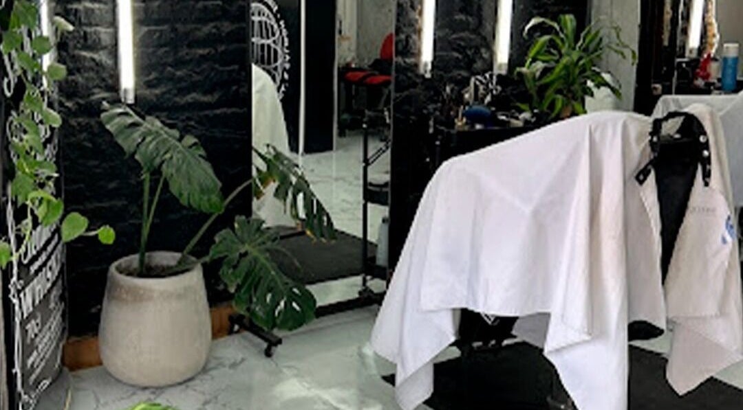 Interior de Piredda´s Hair Studio en Quilmes Oeste, Buenos Aires, destacando planta decorativa y silla cubierta.