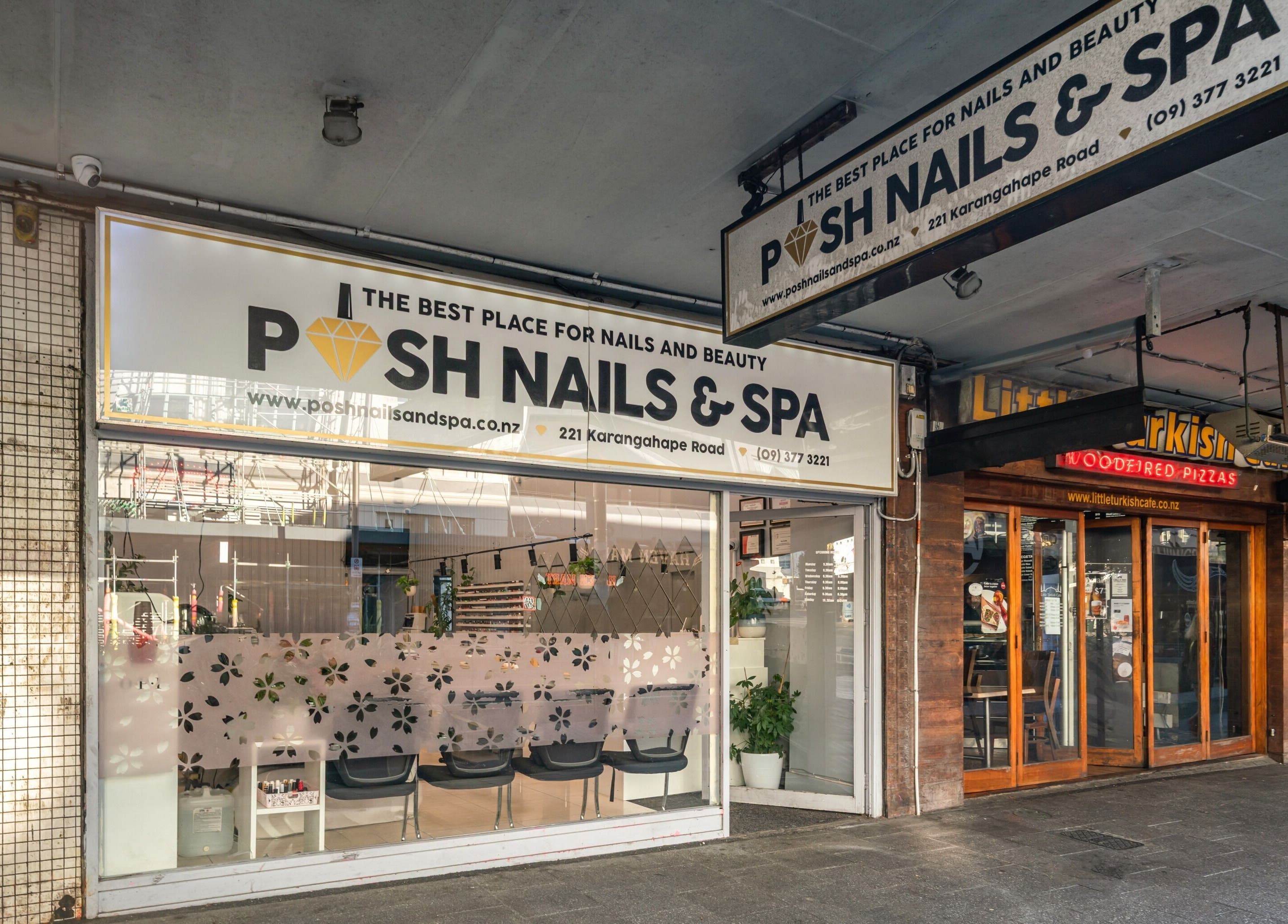 Posh Nails and Spa storefront in Auckland, Auckland, NZ with elegant signage and inviting entrance.
