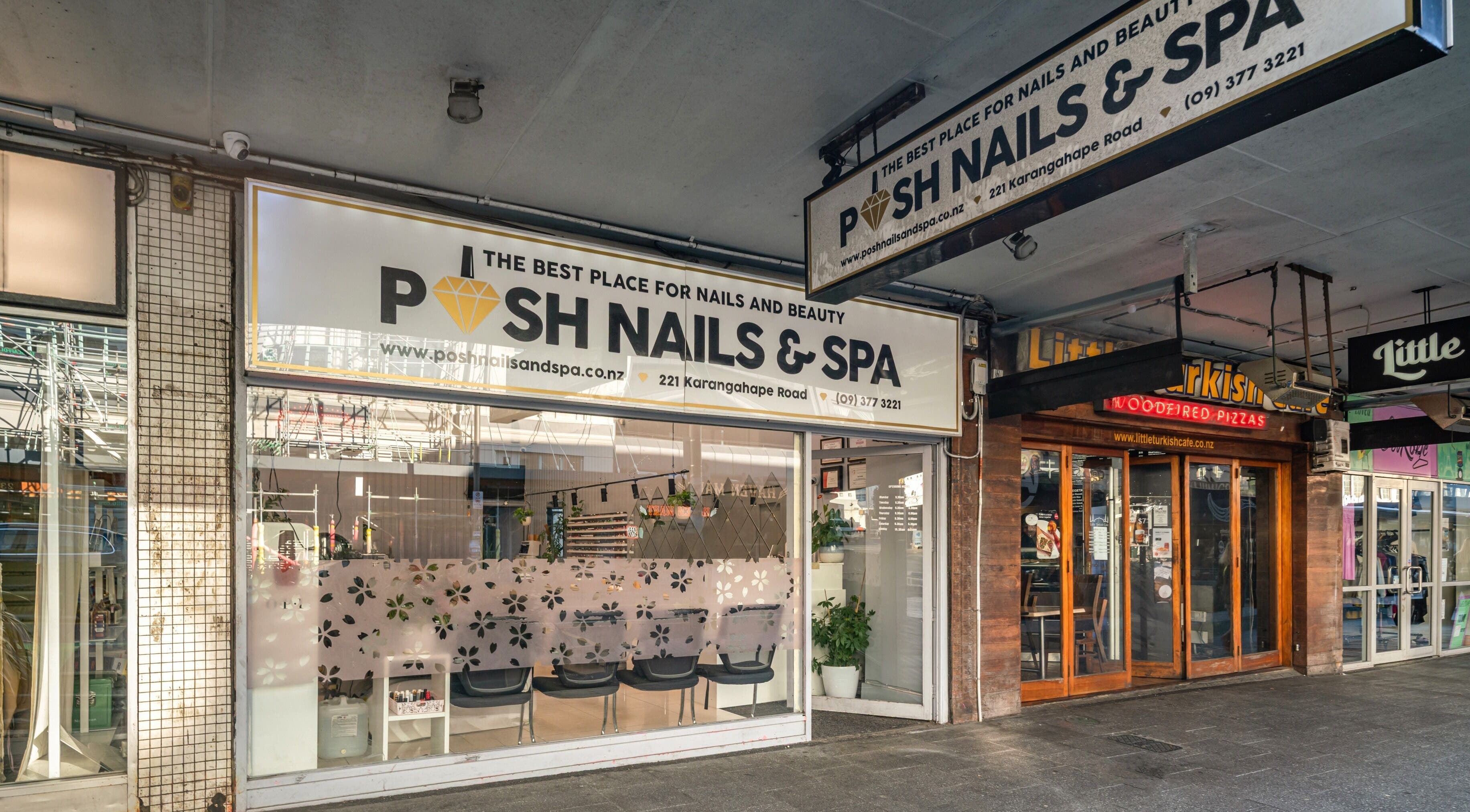 Posh Nails and Spa storefront in Auckland, Auckland, NZ with elegant signage and inviting entrance.