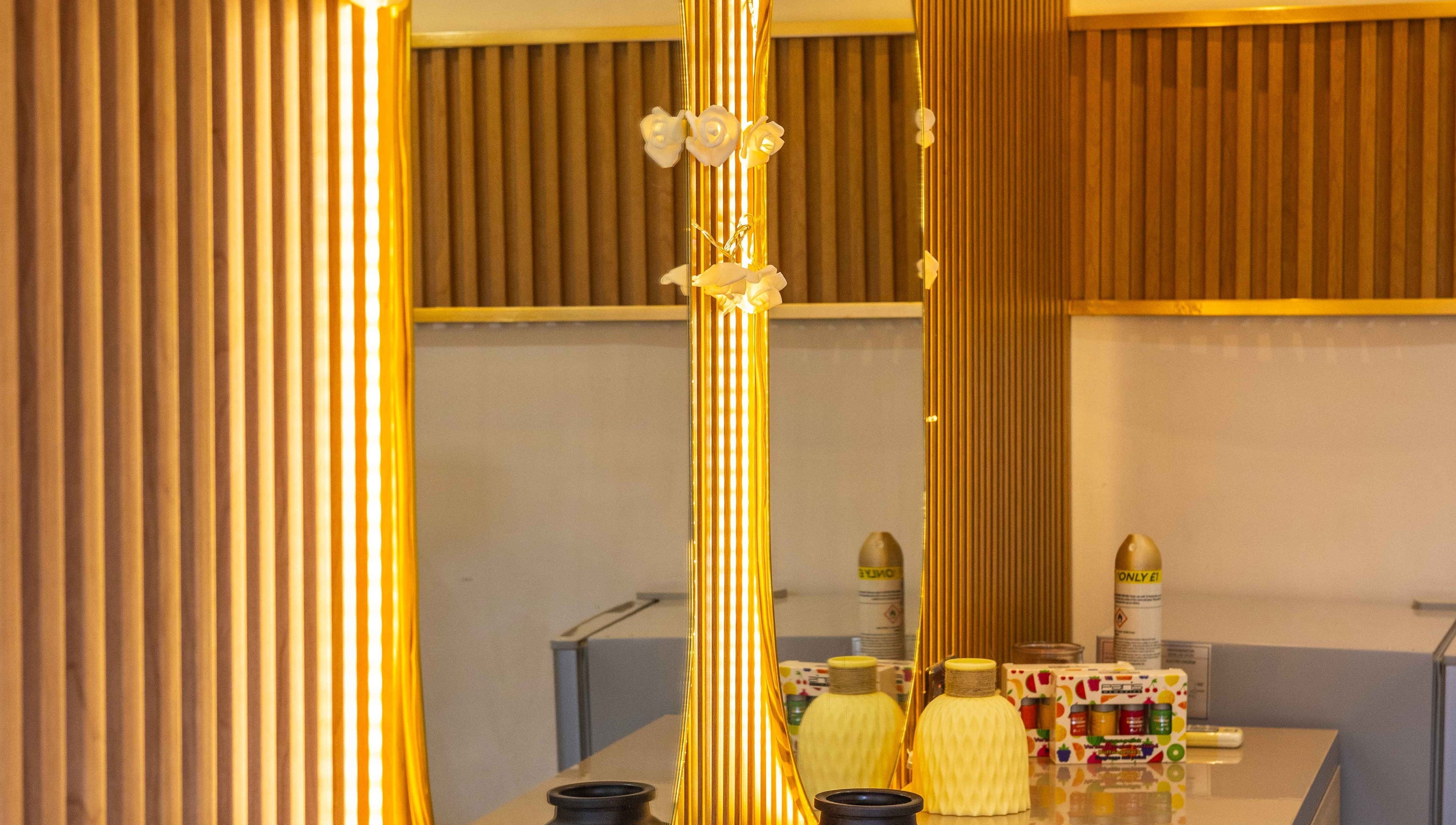 Elegant golden-lit decor at Lovevbeauty Beauty/Content Studio, Accra, Greater Accra Region, GH.