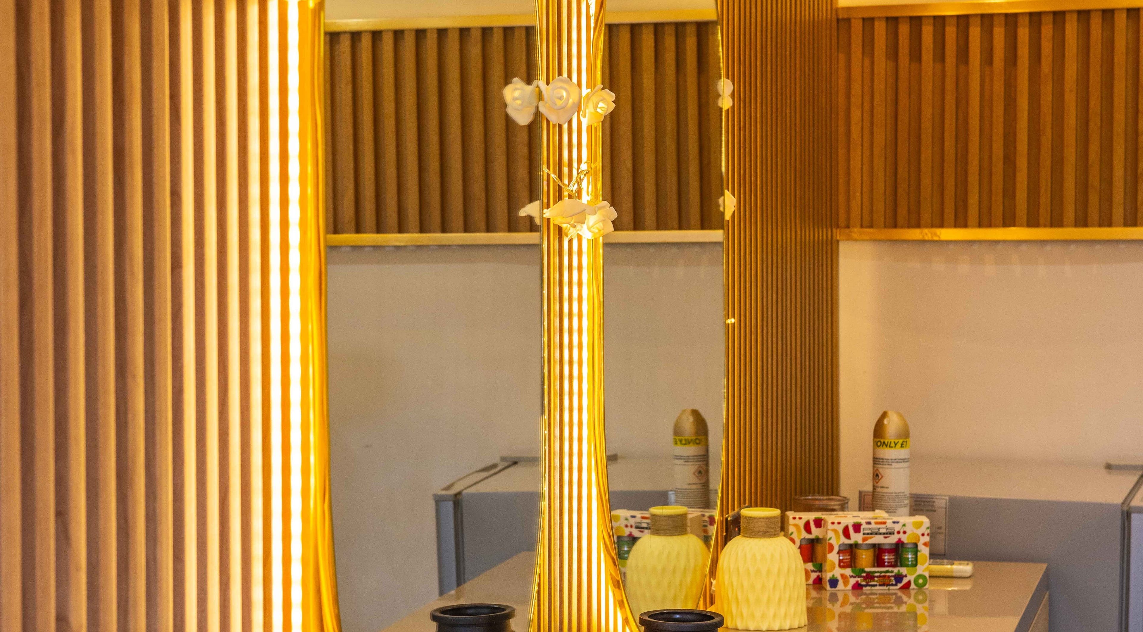 Elegant golden-lit decor at Lovevbeauty Beauty/Content Studio, Accra, Greater Accra Region, GH.