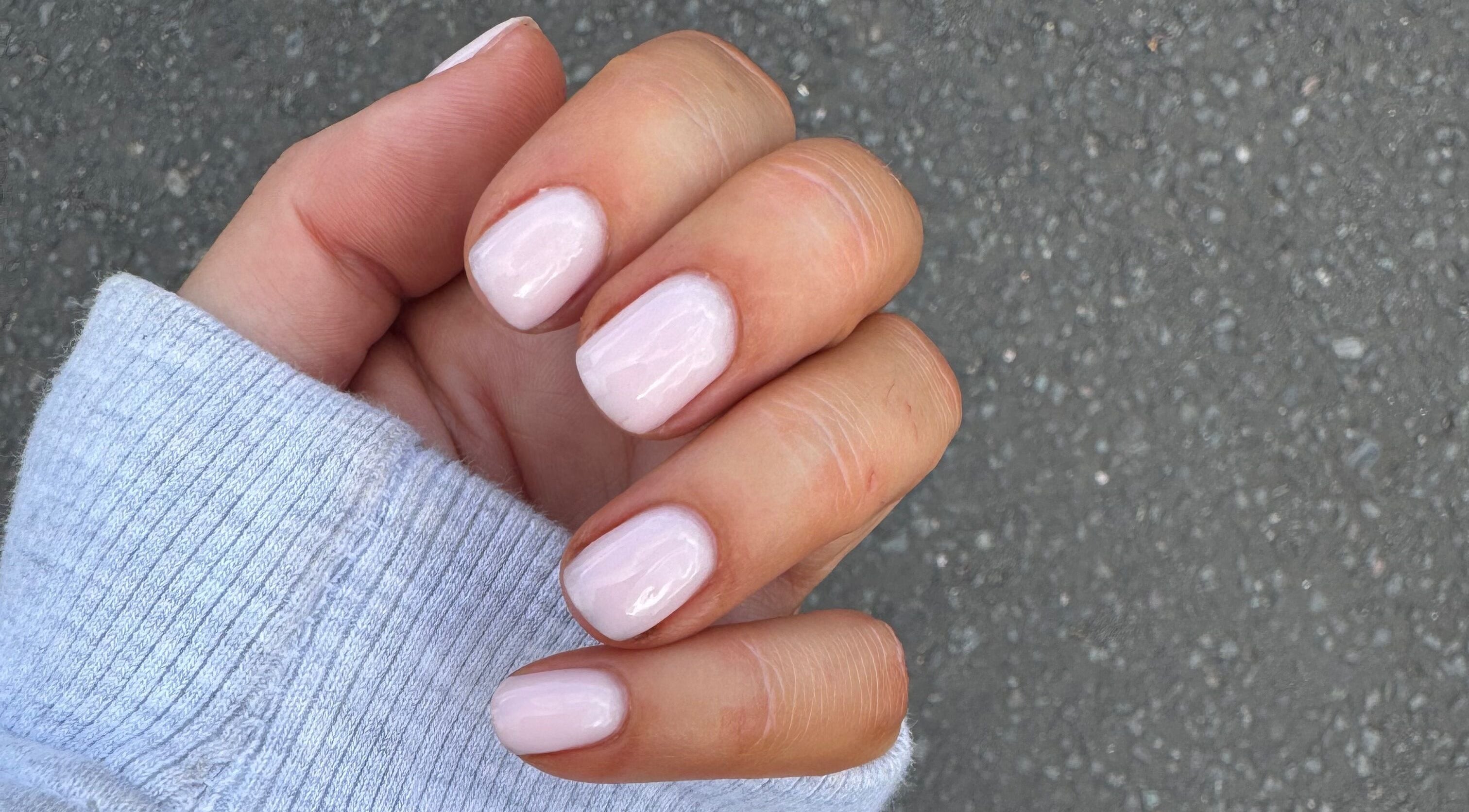 Close-up of elegant soft pink nails at Biab by Jaz, Welwyn Garden City, England, GB.
