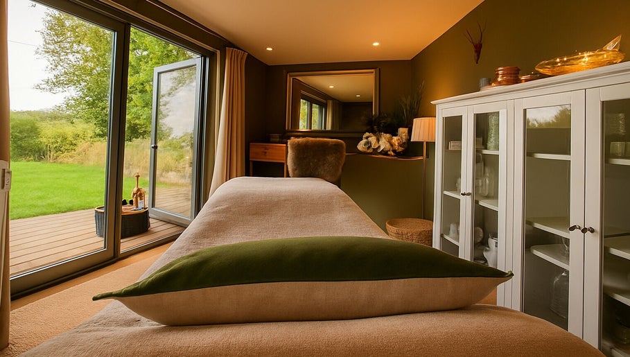 Relaxing wellness retreat room at Fig Tree Cabin, Box, England, GB with lush outdoor views.