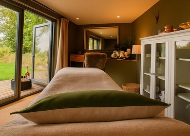 Relaxing wellness retreat room at Fig Tree Cabin, Box, England, GB with lush outdoor views.