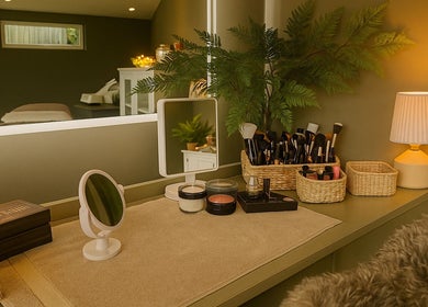 Cozy makeup vanity at Fig Tree Cabin, Box, England, GB with brushes, mirror, and lamp for a soothing ambiance.