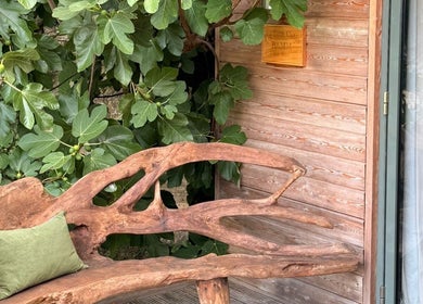 Rustic wooden bench by fig tree at Fig Tree Cabin, Box, England, GB, offering a serene relaxation spot.