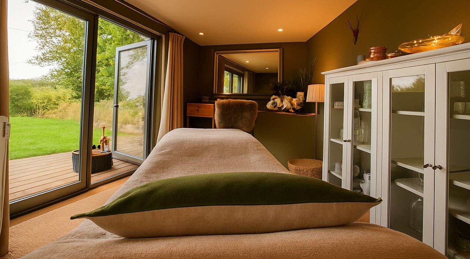 Relaxing interior of Fig Tree Cabin in Box, England, GB with a massage bed and garden view.