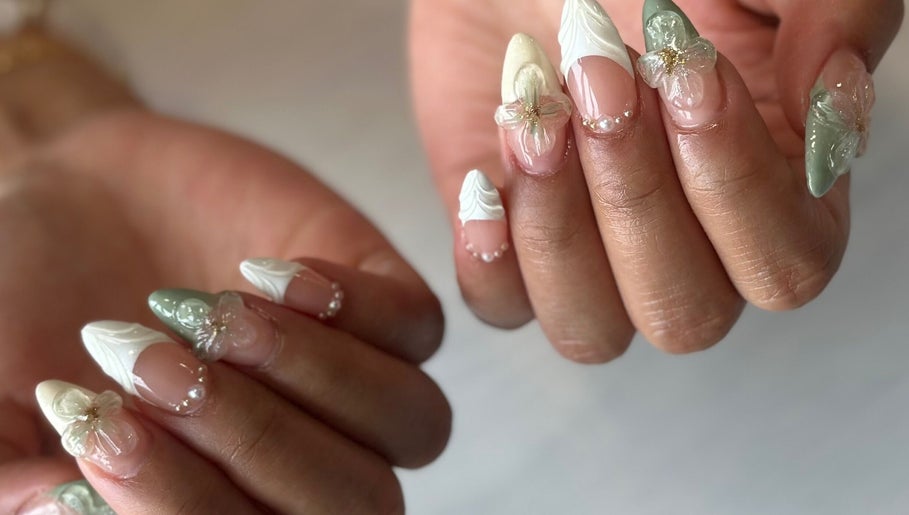 Close-up of floral nail art at Milk and Honey Nail Studio, Hamilton, Waikato Region, NZ.
