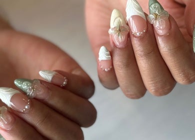 Close-up of floral nail art at Milk and Honey Nail Studio, Hamilton, Waikato Region, NZ.