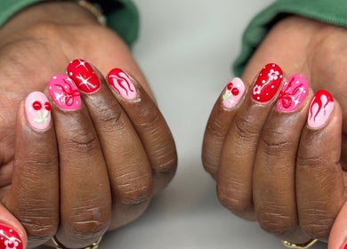 Vibrant cherry and floral nail art at Milk and Honey Nail Studio, Hamilton, Waikato Region, NZ.