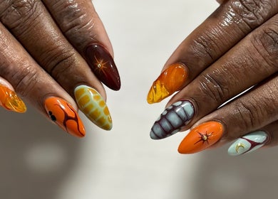 Intricate nail art design at Milk and Honey Nail Studio, Hamilton, Waikato Region, NZ.