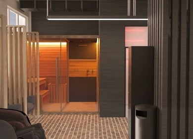 Warm sauna interior at ZONE RECOVERY, London, England, GB offering a cozy relaxation space.