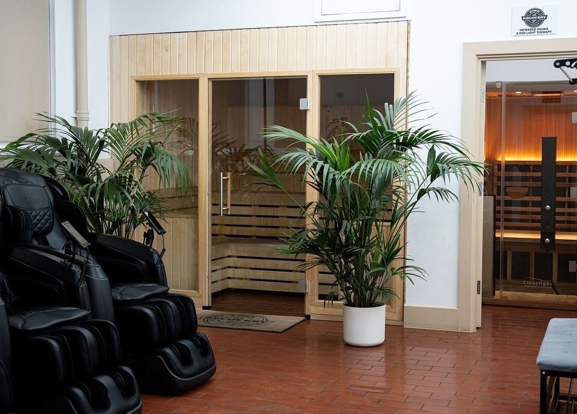 Relaxing massage chairs and sauna room at ZONE RECOVERY, London, England, GB.