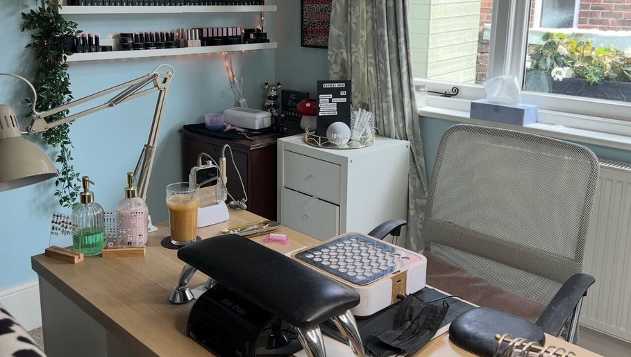 Chic nail station at Beauty By Phoebs in Reigate, England, GB, showcasing a stylish and inviting workspace.