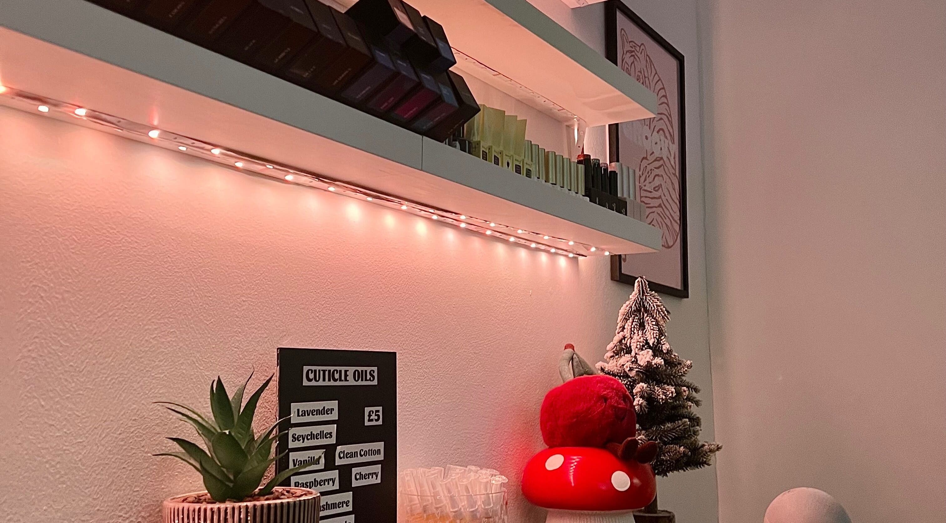 Chic product display at Beauty By Phoebs - Hackney, London, England, GB with a festive touch.