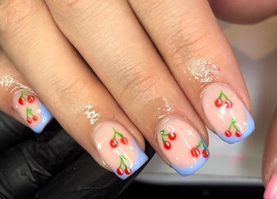 Cherry nail art design at B.C Nails and Beauty, Stourport-on-Severn, England, GB. Stylish and vibrant manicure.