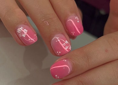 Close-up of floral pink nail art at Summer Nail Club, Leigh-on-sea, England, GB.
