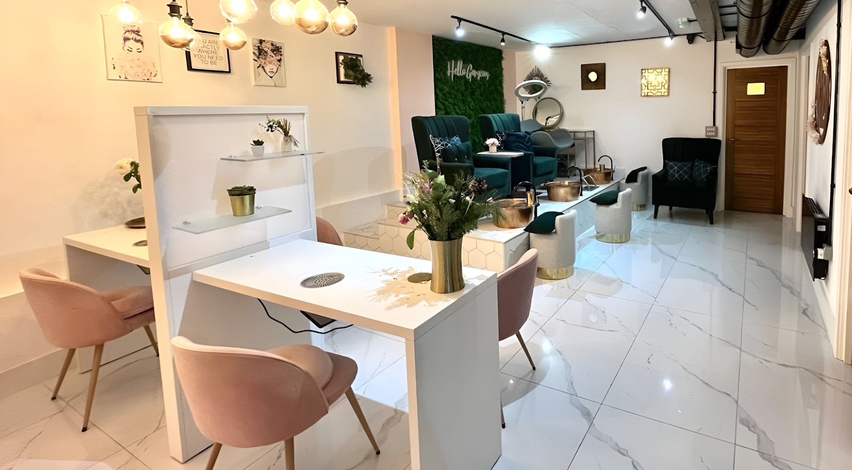 Elegant interior of Esthetique Headspa Fulham Broadway inside Hair Bian, London, England, GB, showcasing stylish seating.