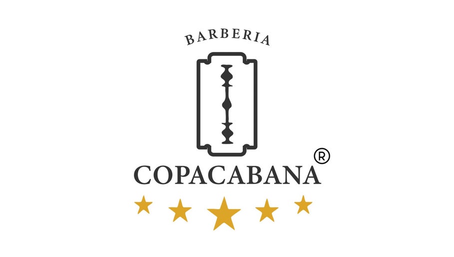 Logotipo de Barbería Copacabana® con navaja y estrellas doradas, ubicada en Cuenca, Azuay, EC.