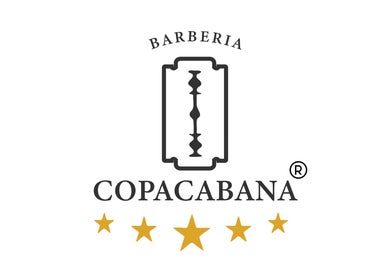 Logotipo de Barbería Copacabana® con navaja y estrellas doradas, ubicada en Cuenca, Azuay, EC.