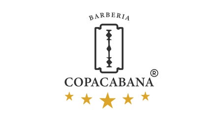 Logotipo de Barbería Copacabana® con navaja y estrellas doradas, ubicada en Cuenca, Azuay, EC.
