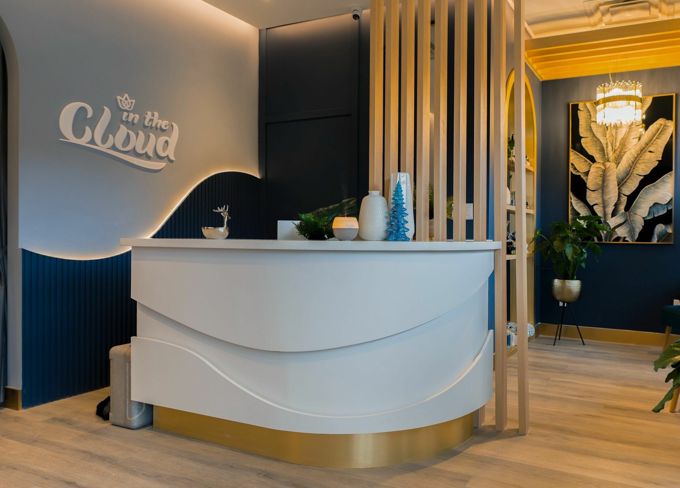 Sophisticated reception at In The Cloud Spa, Toronto, Ontario, CA with modern decor and soft lighting.