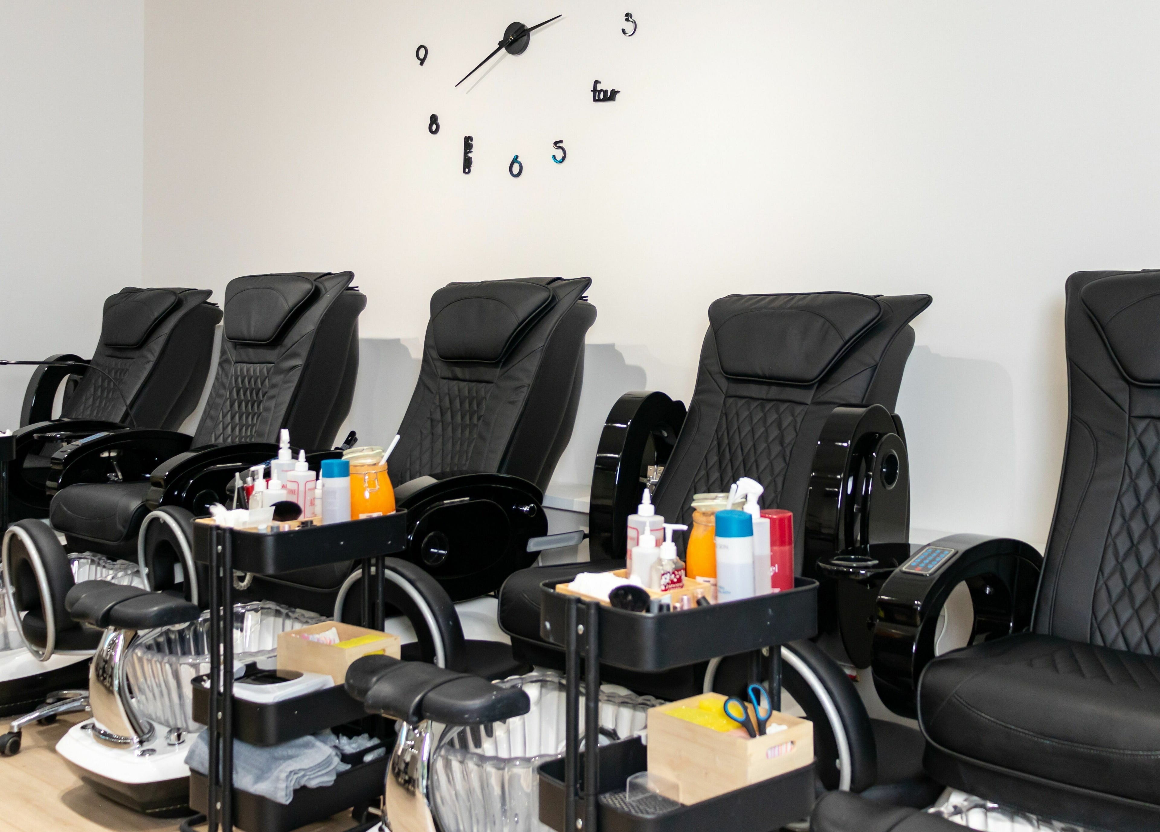 Elegant pedicure chairs at LND Downtown Nails and Spa, Vancouver, British Columbia, CA enhance relaxation.
