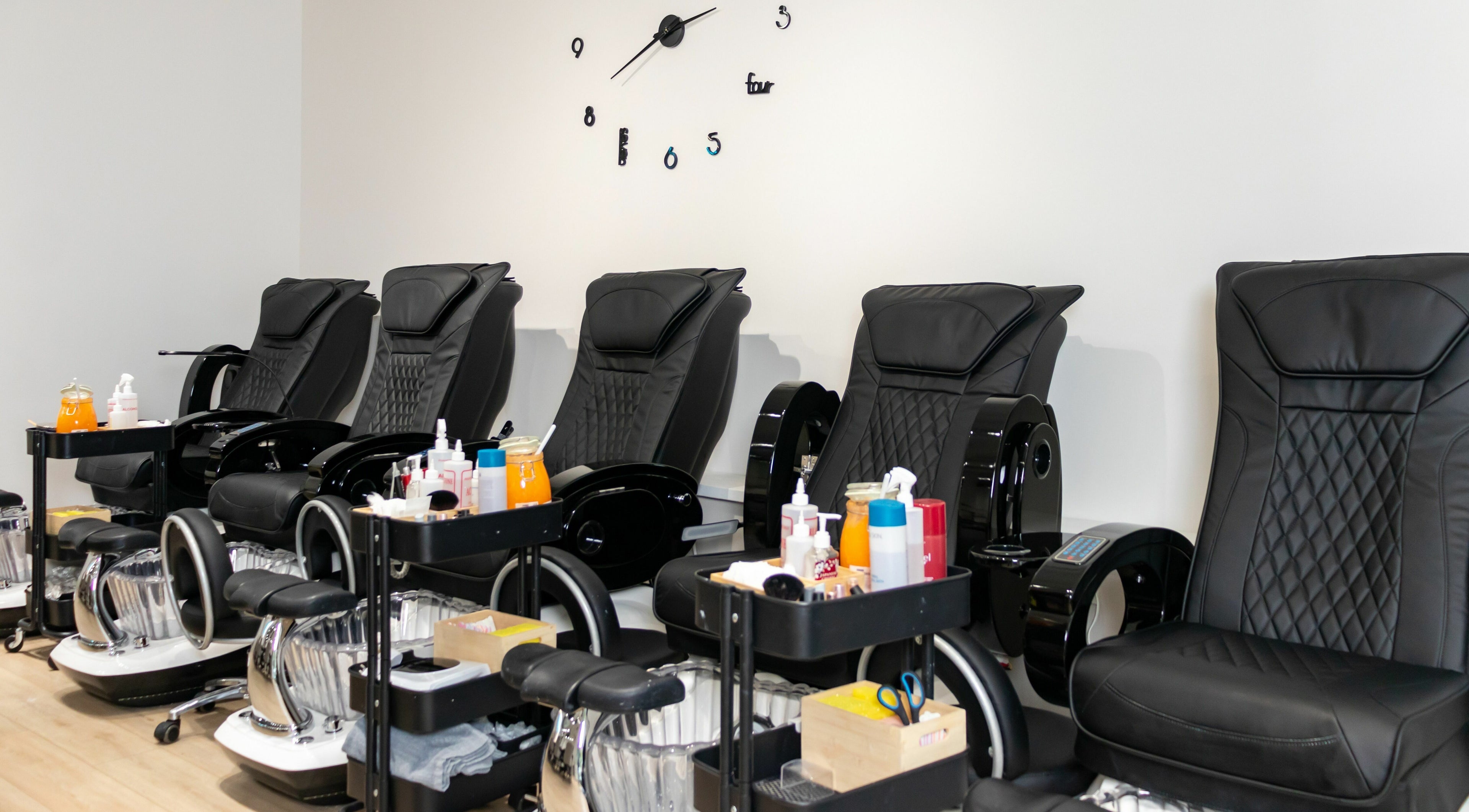 Elegant pedicure chairs at LND Downtown Nails and Spa, Vancouver, British Columbia, CA enhance relaxation.