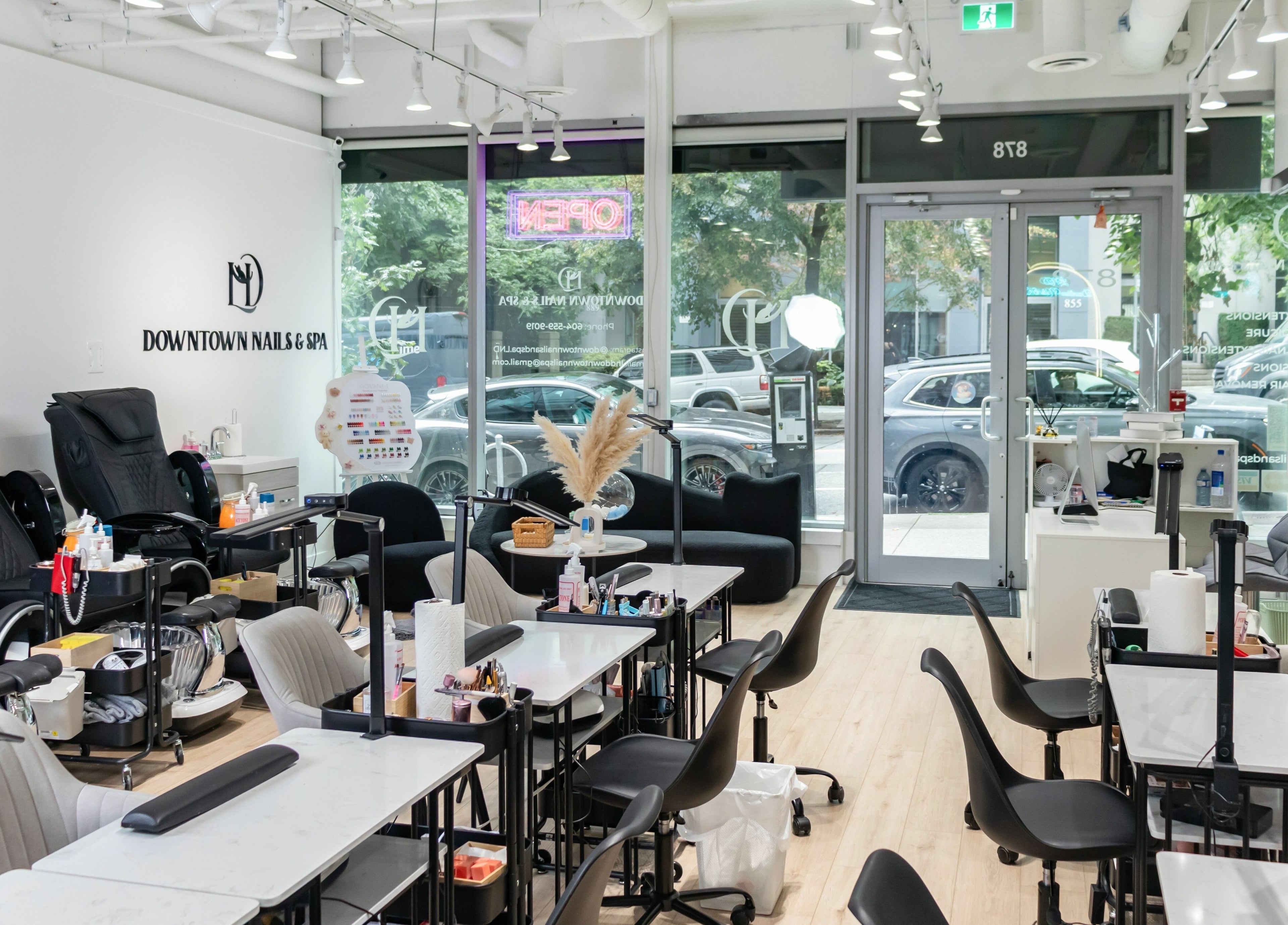 Modern interior of LND Downtown Nails and Spa in Vancouver, British Columbia, CA with stylish decor.
