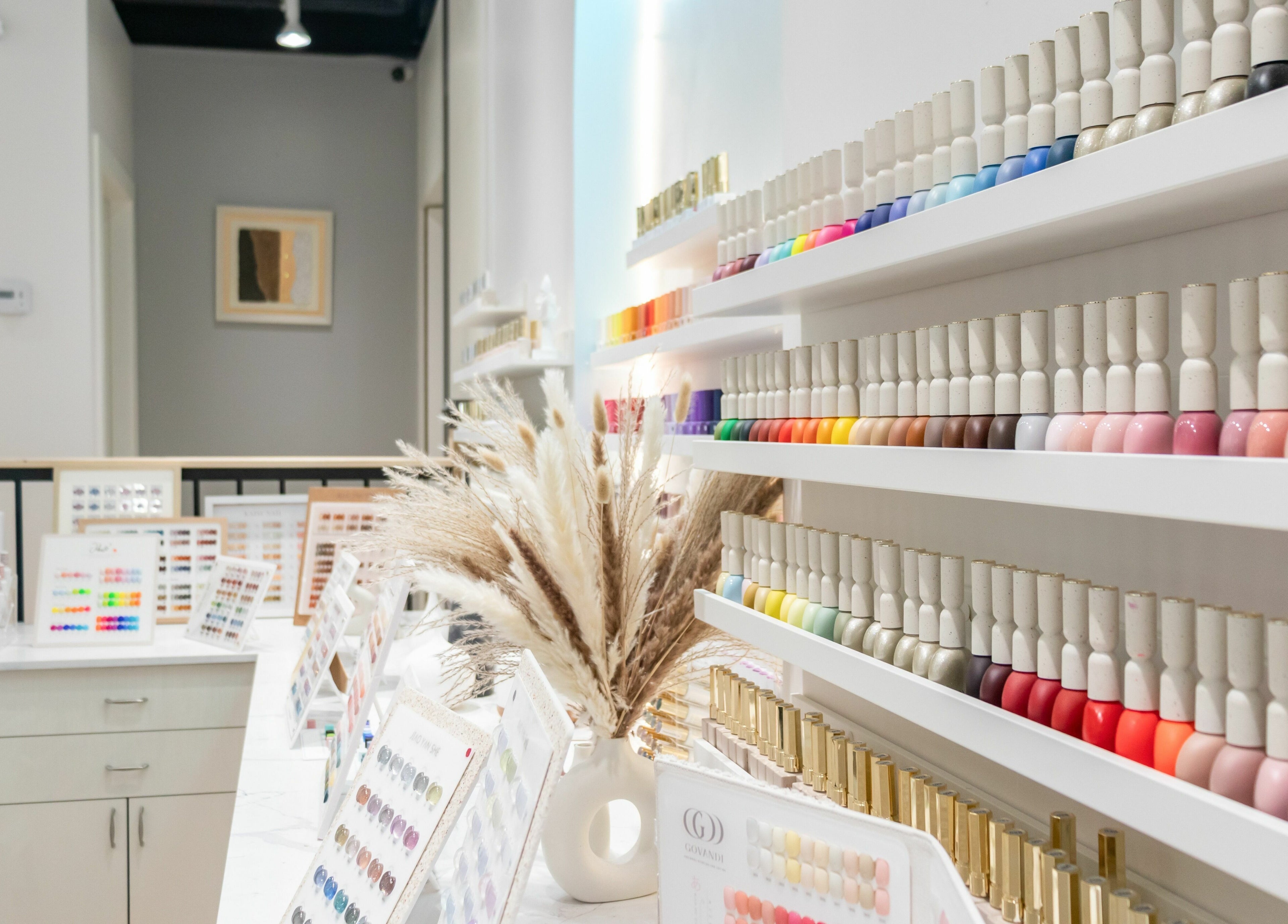 Vibrant nail polish display at LND Downtown Nails and Spa, Vancouver, British Columbia, CA.