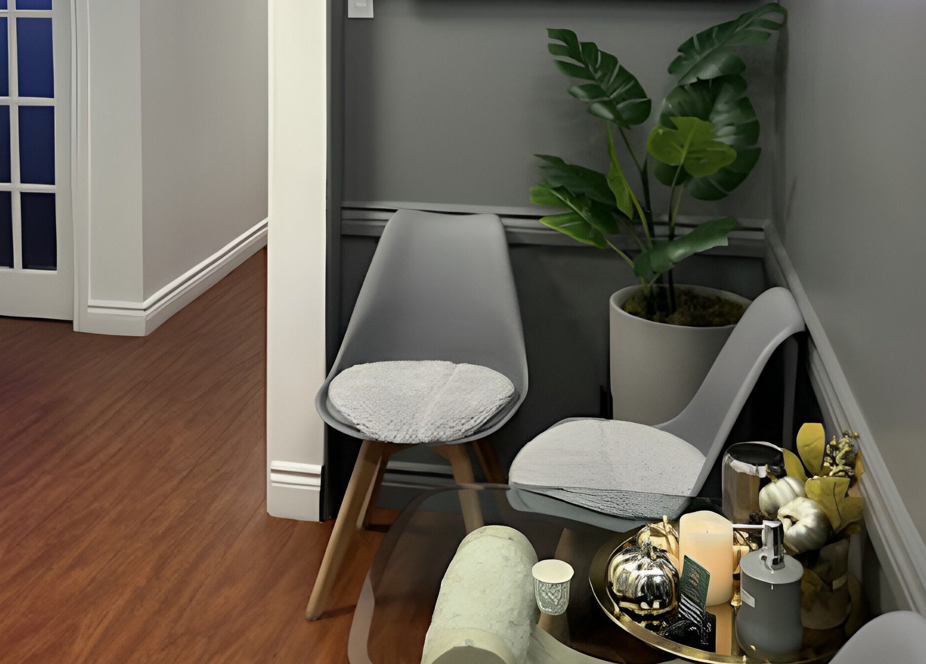 Stylish waiting area at AG Spa | Nepean Baseline, Ottawa, Ontario, CA with sleek gray chairs and decor.