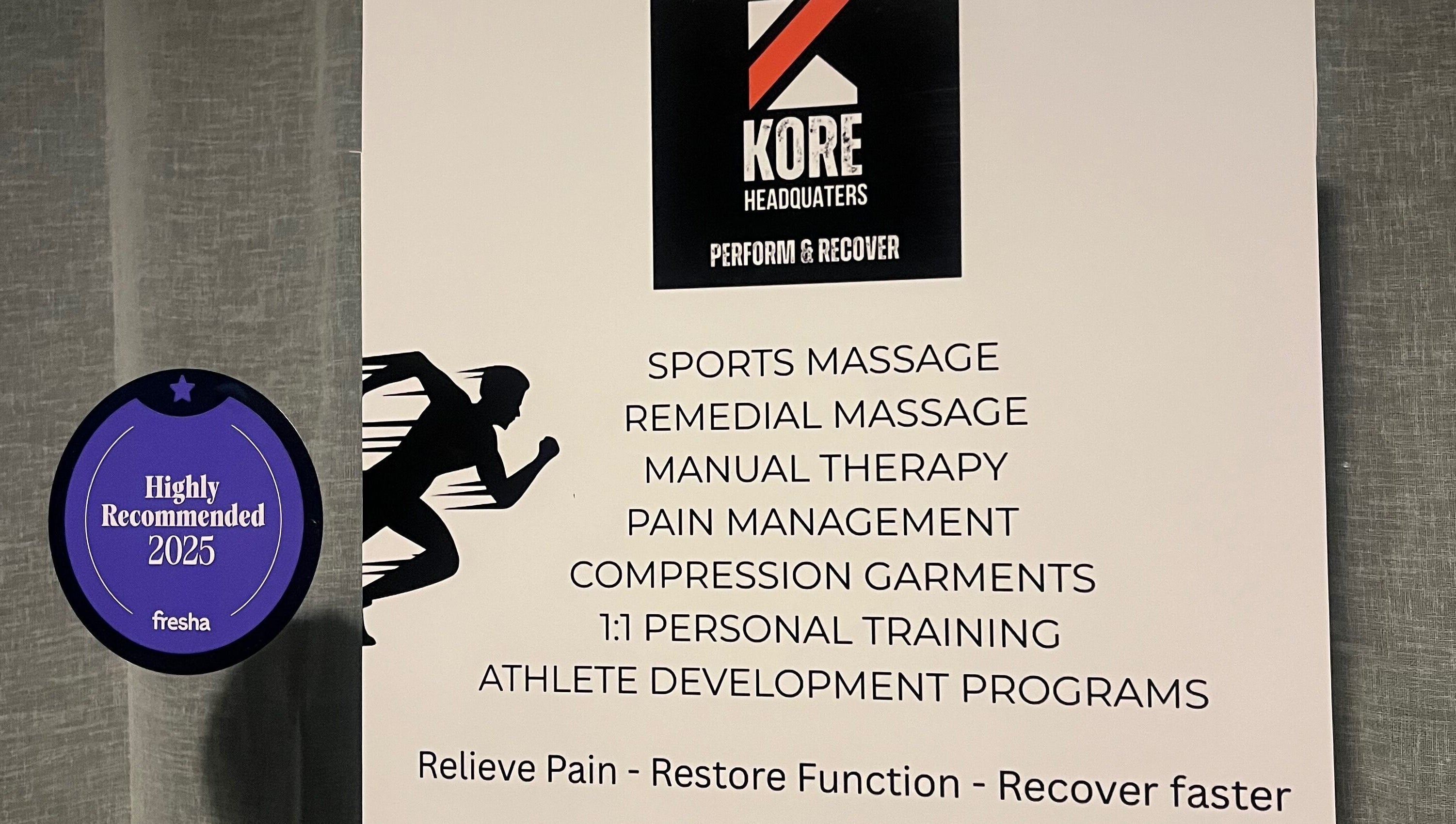 Kore HQ sign featuring sports services at Milton, New South Wales, AU with a 'Highly Recommended 2025' badge.