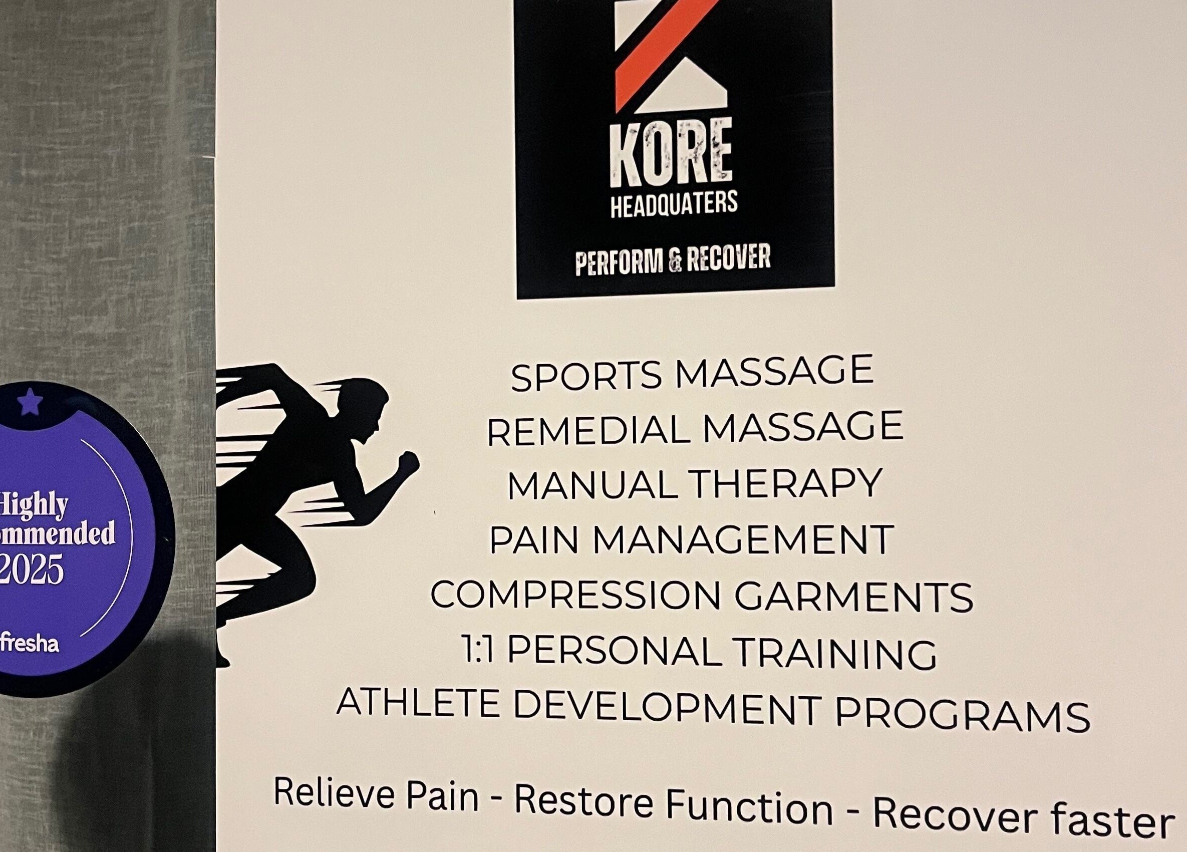 Kore HQ sign featuring sports services at Milton, New South Wales, AU with a 'Highly Recommended 2025' badge.