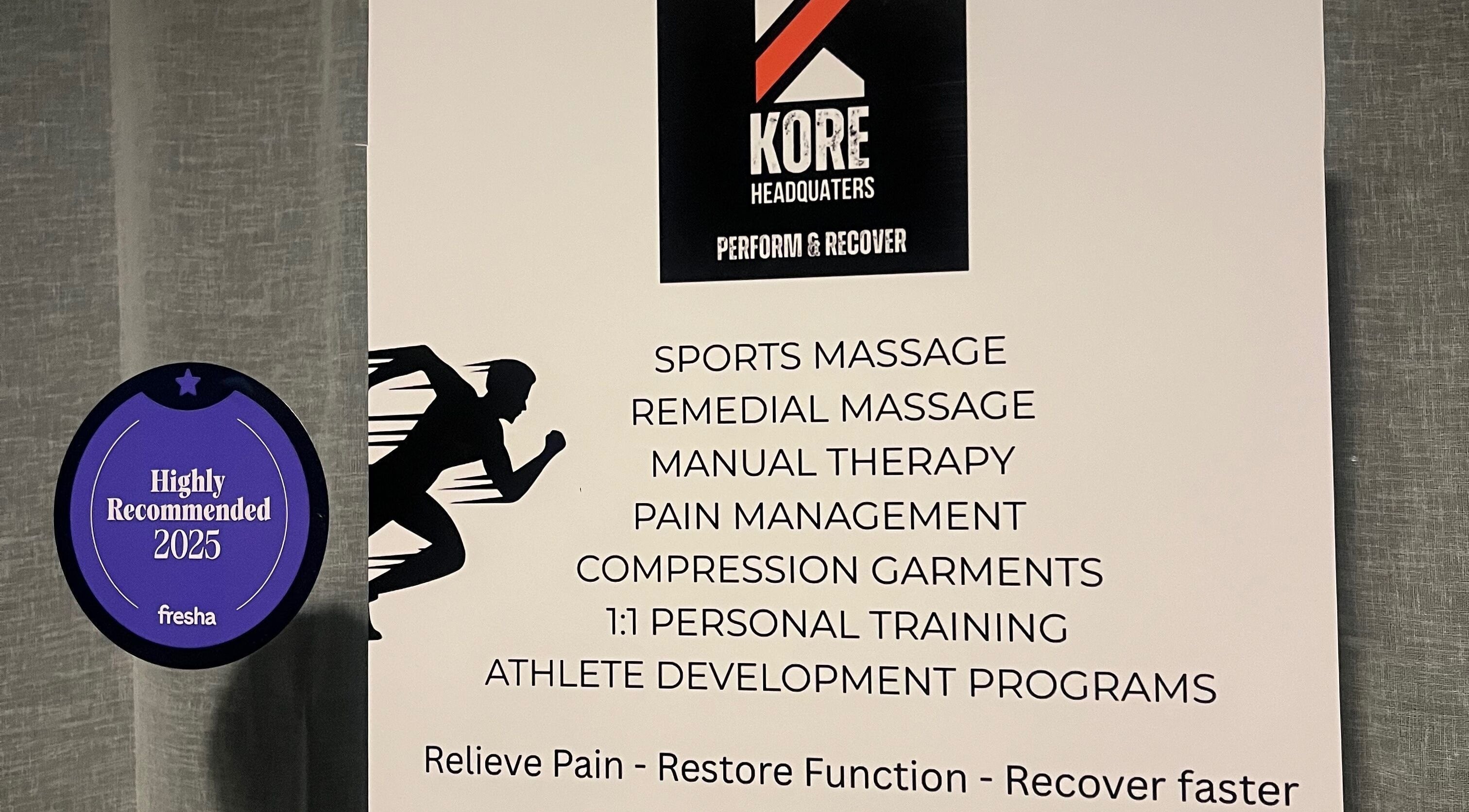 Kore HQ sign featuring sports services at Milton, New South Wales, AU with a 'Highly Recommended 2025' badge.