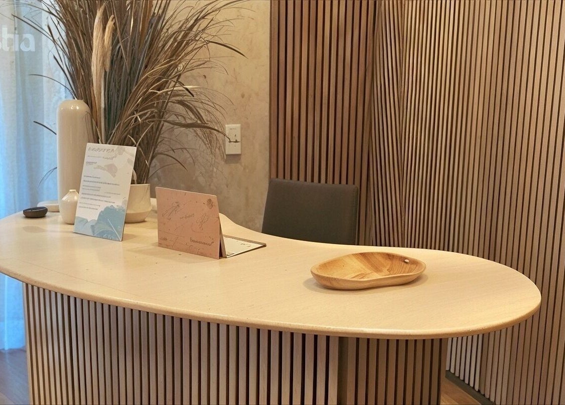 Empfangsbereich von Slean Aesthetics Worms, Rheinland-Pfalz, DE mit modernen Holzakzenten.