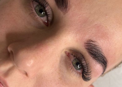 Close-up of enhanced lashes and brows at Hideaway Beauty Lounge, Morayfield, Queensland, AU.