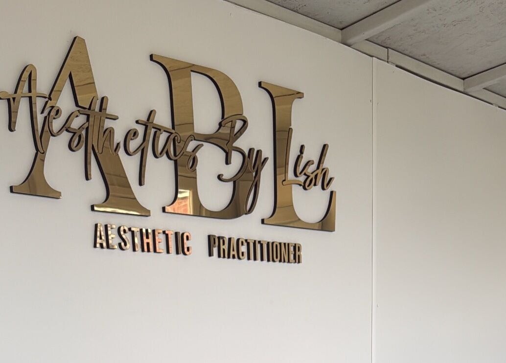 Aesthetics By Lish wall sign in Worcester, England, GB, showcasing elegant aesthetic practitioner branding.