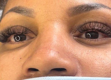 Close-up of expertly applied eyelash extensions at U’niquely Touched by LJC, Celina, Texas, US.