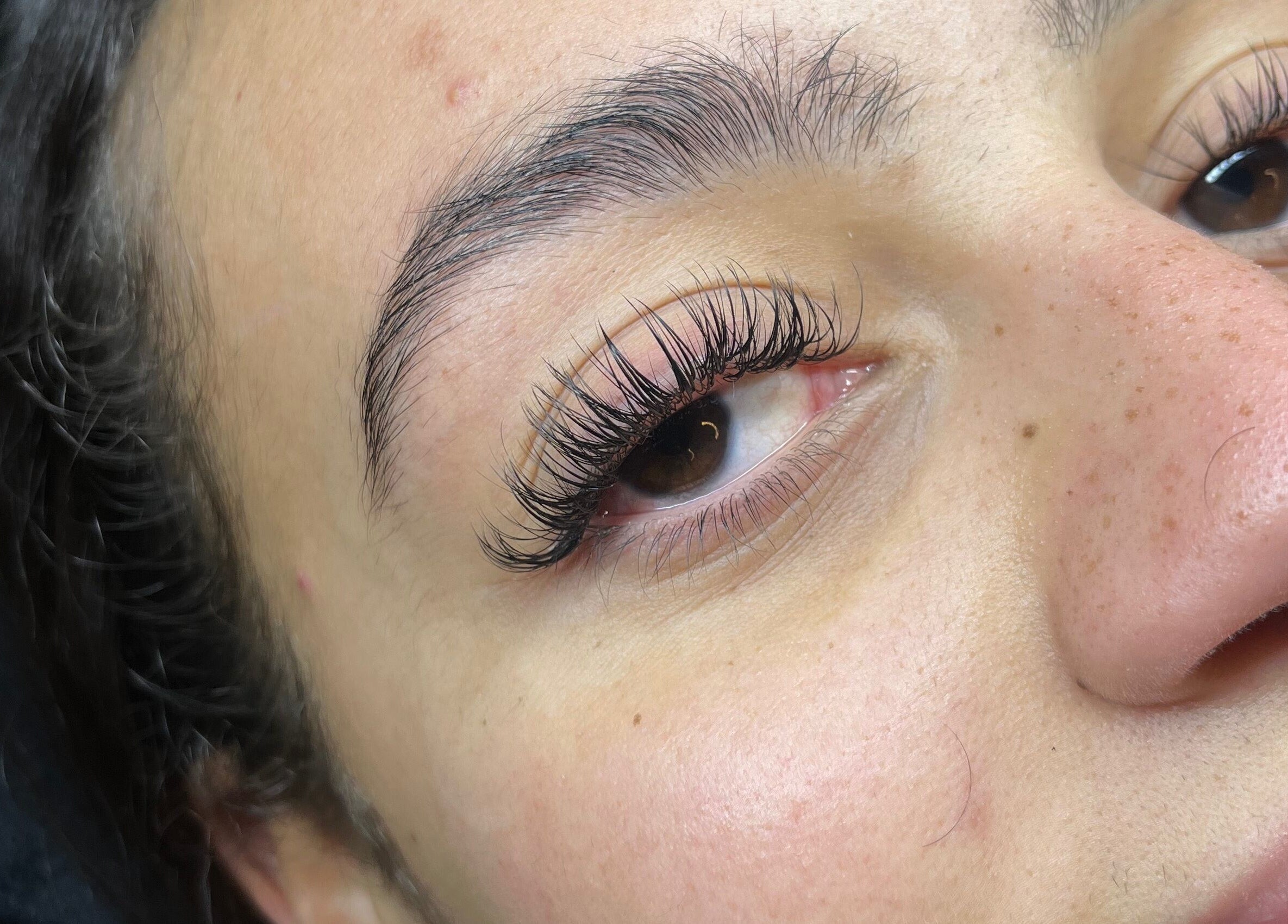 Close-up of eyelash extensions at Minks By Mc, Liverpool, England, GB showcasing detailed lash work.