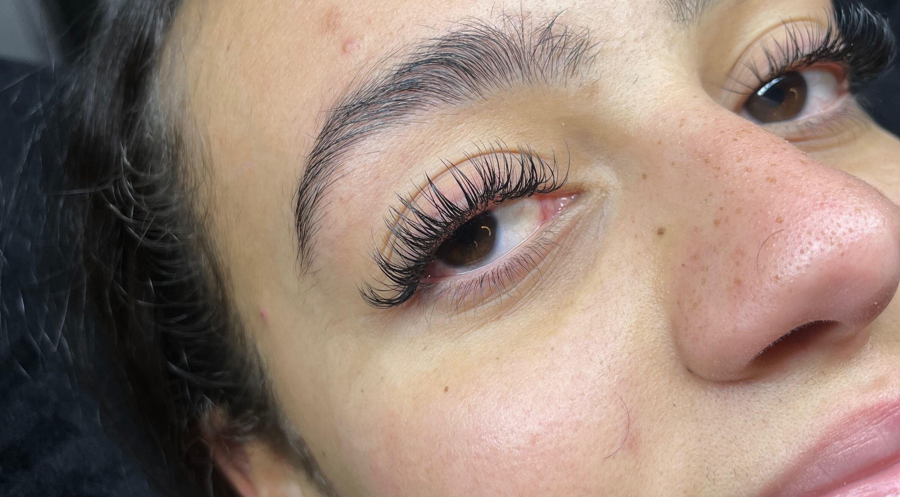 Close-up of eyelash extensions at Minks By Mc, Liverpool, England, GB showcasing detailed lash work.