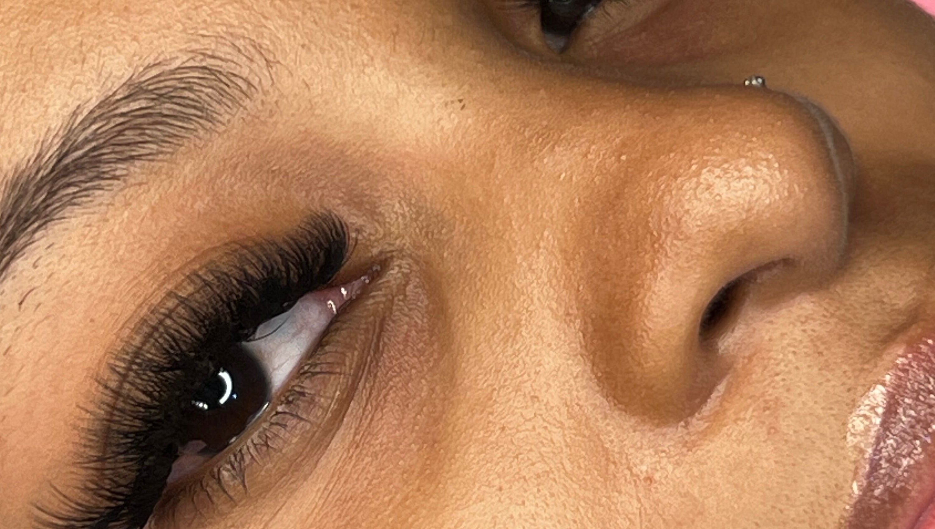 Close-up of expertly styled eyelashes at D’Lux Atelier, Kingston, St. Andrew Parish, JM.