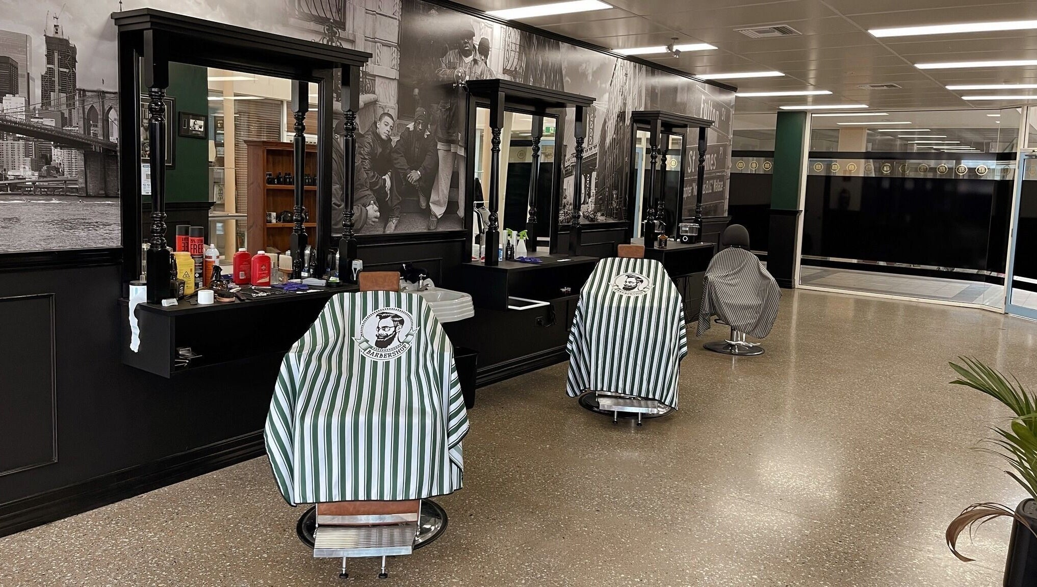 Chic interior of Brooklyn Barbers Echuca showcasing stylish barber chairs in Echuca, Victoria, AU.
