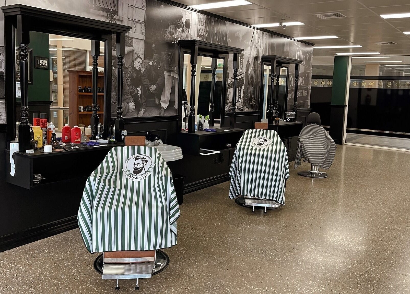 Chic interior of Brooklyn Barbers Echuca showcasing stylish barber chairs in Echuca, Victoria, AU.