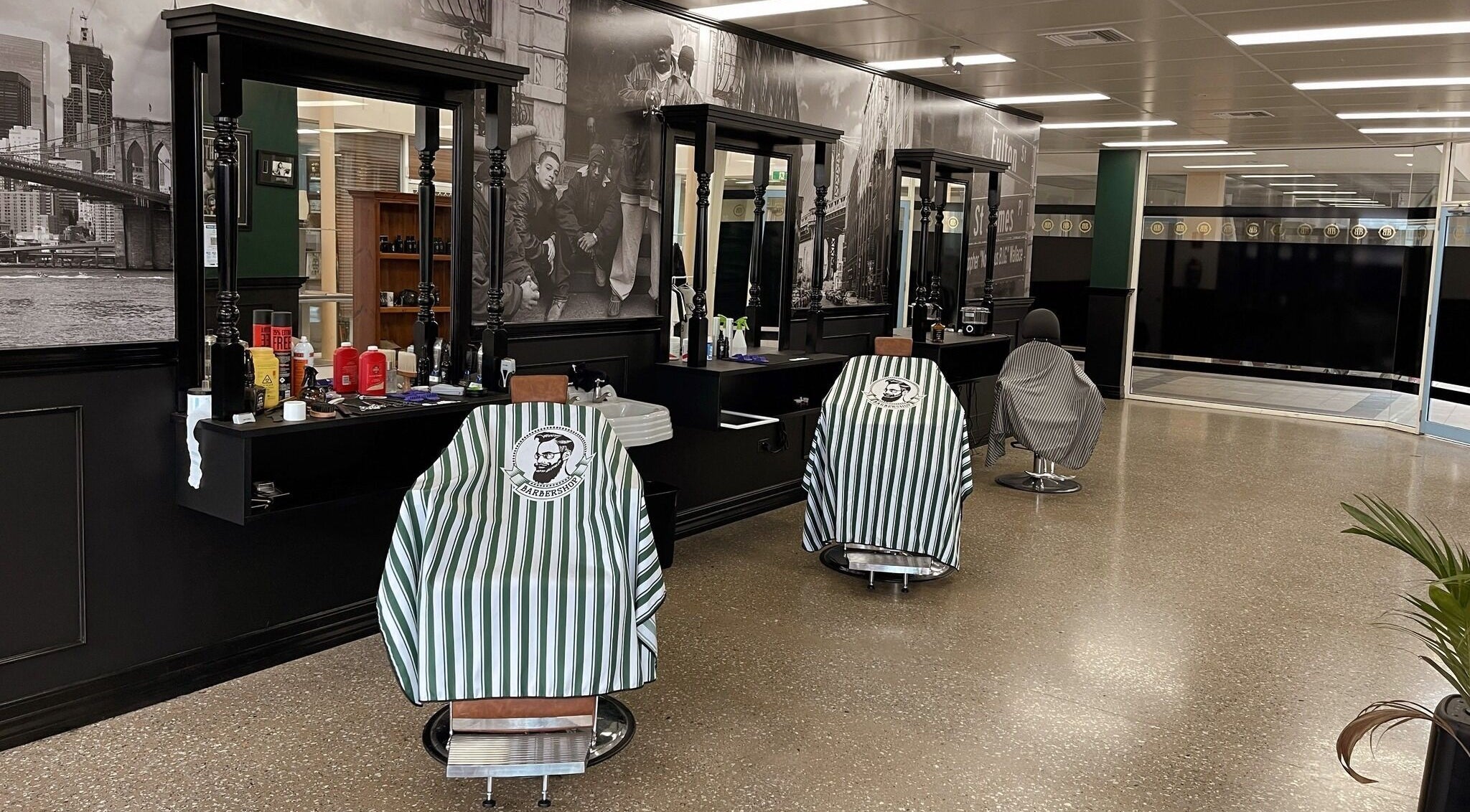 Chic interior of Brooklyn Barbers Echuca showcasing stylish barber chairs in Echuca, Victoria, AU.