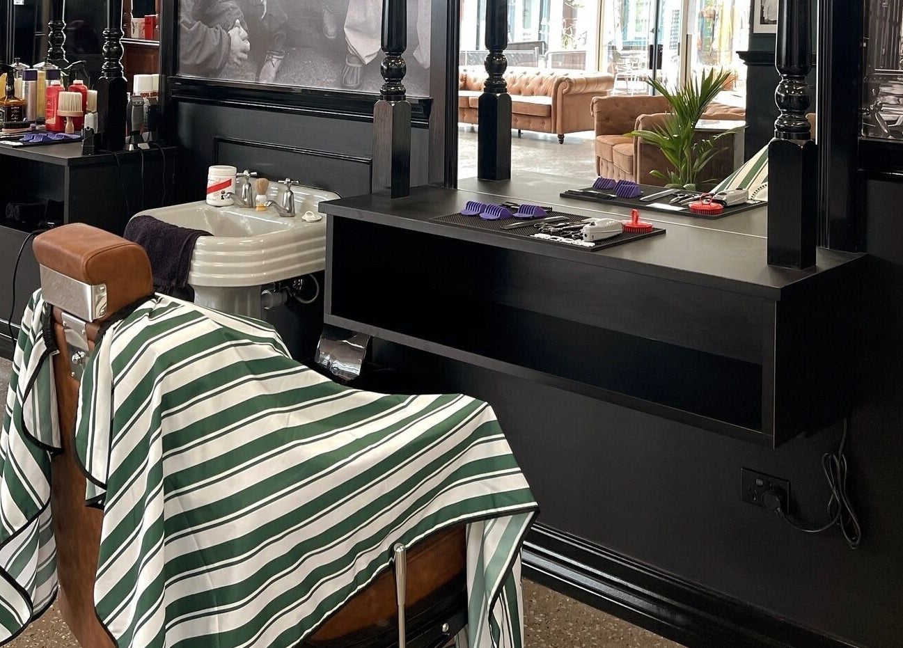 Interior of Brooklyn Barbers Echuca with elegant chair and tools in Echuca, Victoria, AU.