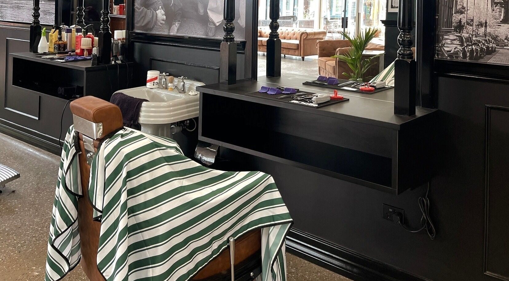 Interior of Brooklyn Barbers Echuca with elegant chair and tools in Echuca, Victoria, AU.