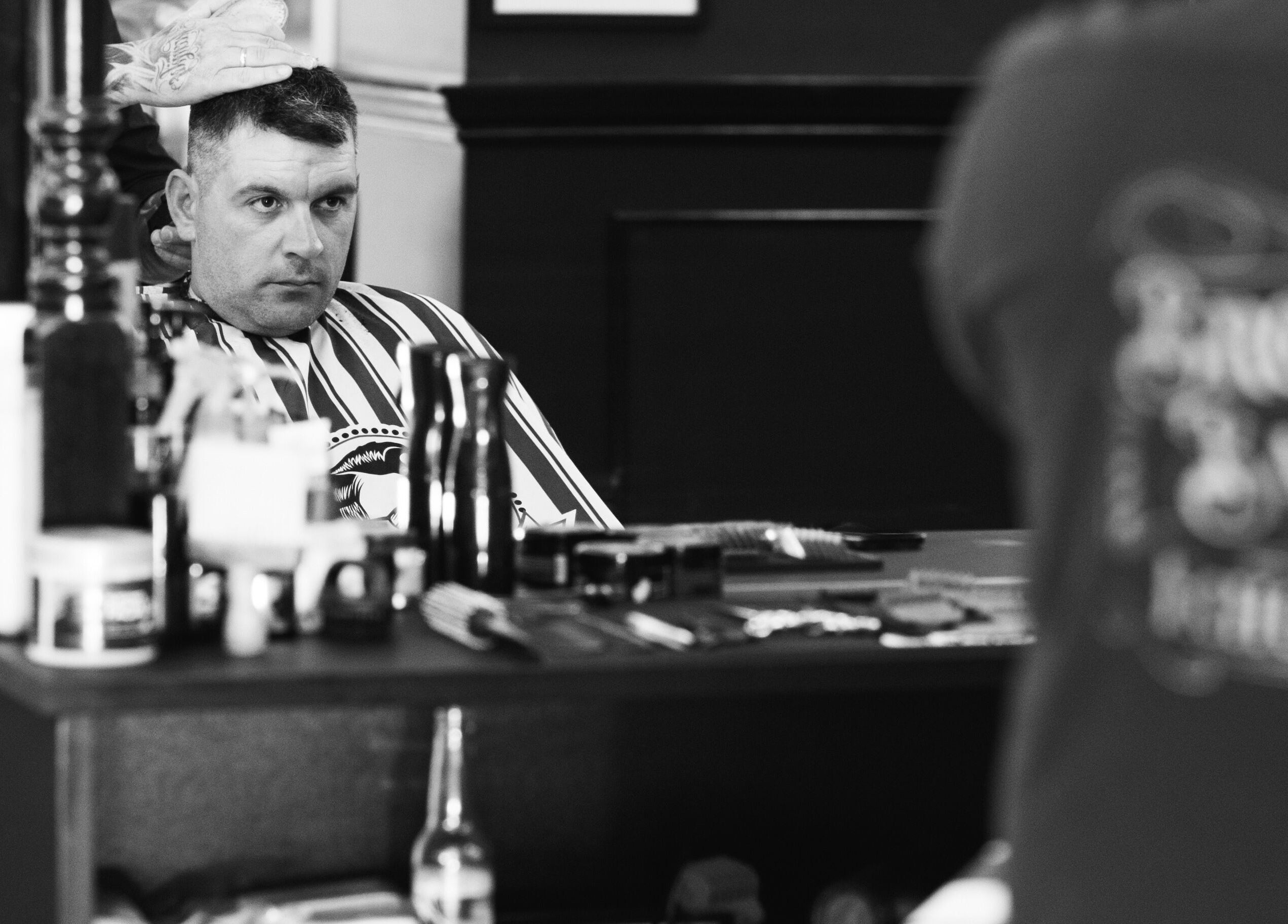 Man receiving a haircut at Brooklyn Barbers Echuca, located in Echuca, Victoria, AU.