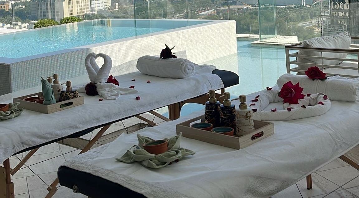 Refreshing spa setup with pool view at Authentic Balinese Home Spa, Dubai, Dubai, AE.