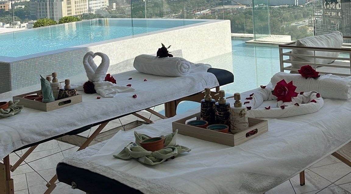 Refreshing spa setup with pool view at Authentic Balinese Home Spa, Dubai, Dubai, AE.