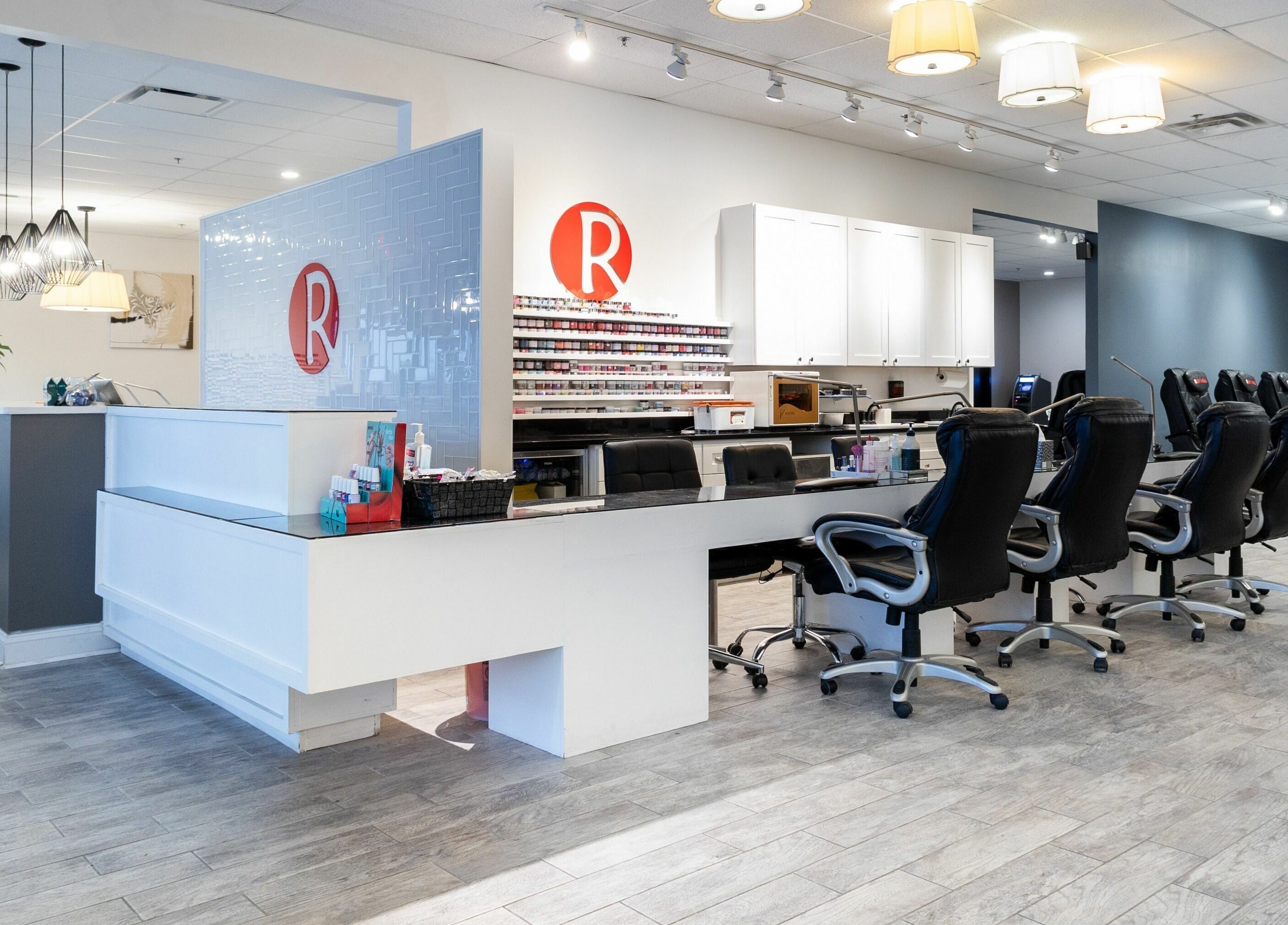 Interior of Ruby Nails in Brookfield, Wisconsin, US, featuring chic nail stations and stylish decor.